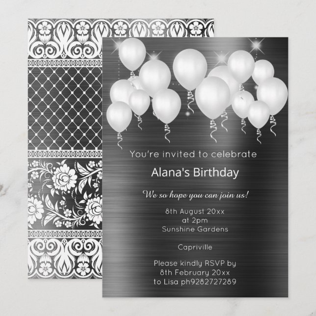 INVITACIÓN LUXE LACE BALLOON BLACK METÁLICO CUMPLEAÑOS (Anverso / Reverso)