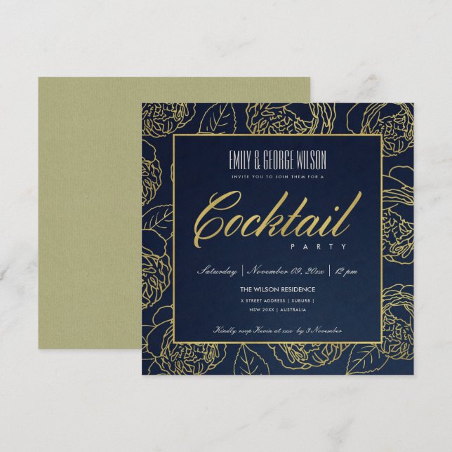 INVITACIÓN LUXE NAVY FALSO ROSA DORADA FLORAL FIESTA DE COCTE (Anverso / Reverso)
