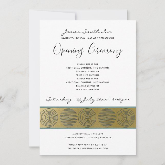INVITACIÓN LUXE NAVY FAUX ORO CÍRCULO GRAND OPENING CEREMONY (Anverso)