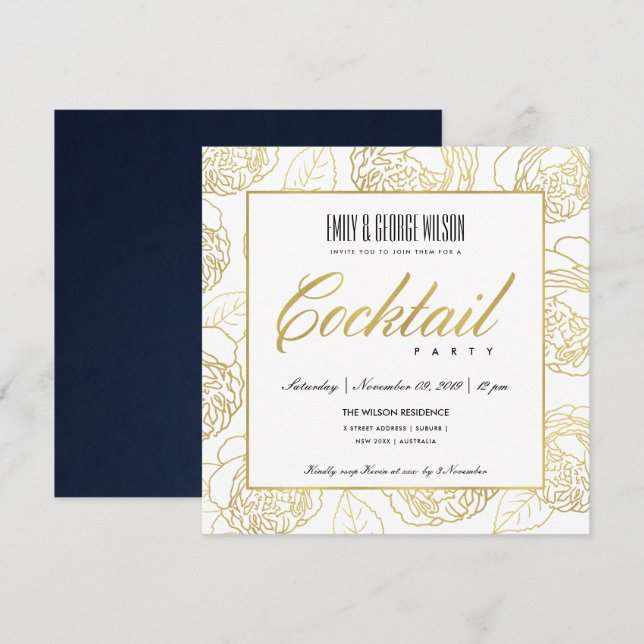 INVITACIÓN LUXE NAVY FLORAL DE ROSA DORADA FALSA COCTEL FIEST (Anverso / Reverso)