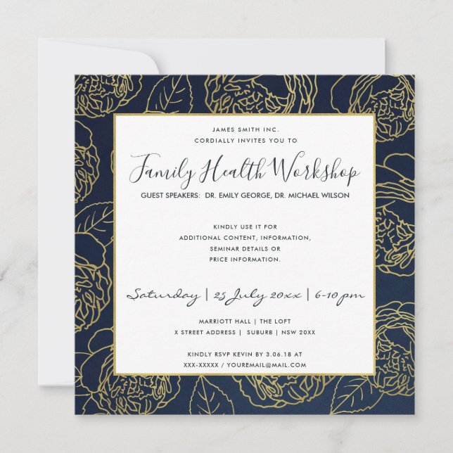 INVITACIÓN LUXE NAVY GOLD ELEGANT FLORAL WOROP EVENTO (Anverso)