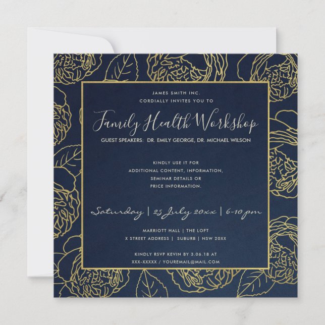 INVITACIÓN LUXE NAVY GOLD ELEGANT FLORAL WOROP EVENTO (Anverso)
