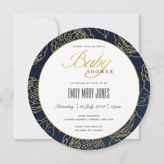 INVITACIÓN LUXE NAVY GOLD ELEGANT ROSA FLORAL BABY SHOWER (Anverso)