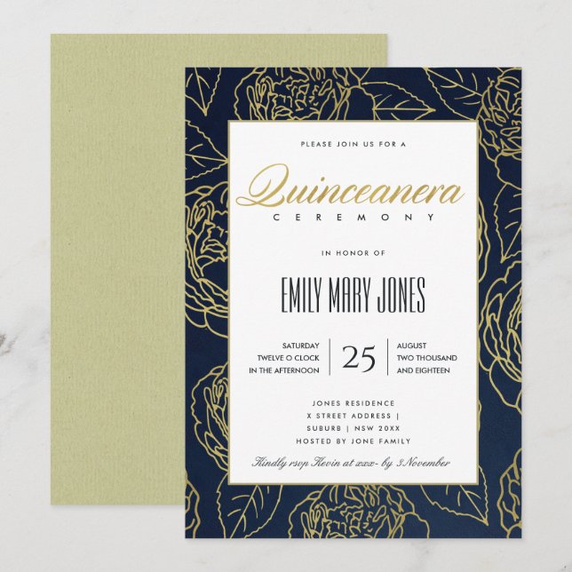 INVITACIÓN LUXE NAVY GOLD ELEGANTE ROSA FLORAL QUINCEANERA (Anverso / Reverso)