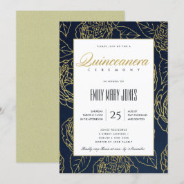 INVITACIÓN LUXE NAVY GOLD ELEGANTE ROSA FLORAL QUINCEANERA
