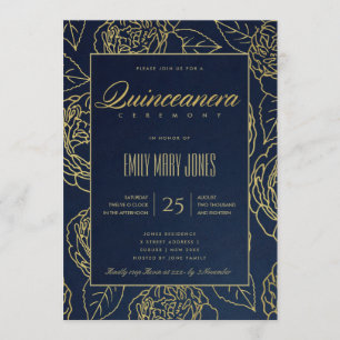 INVITACIÓN LUXE NAVY GOLD ELEGANTE ROSA FLORAL QUINCEANERA