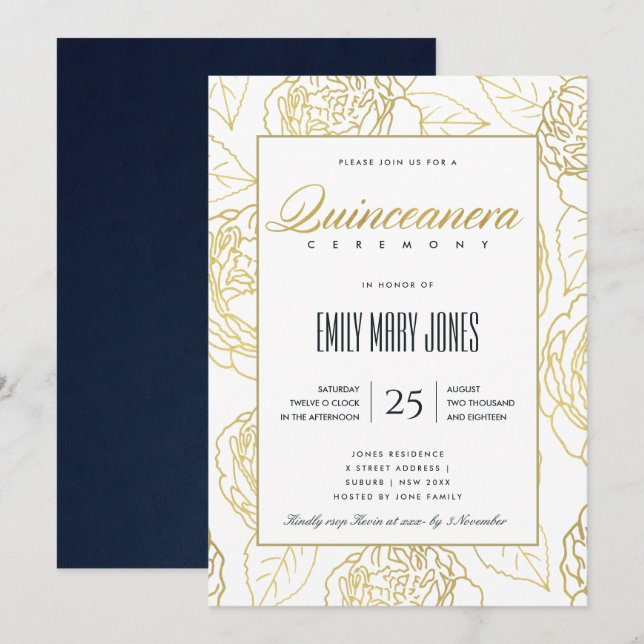 INVITACIÓN LUXE NAVY GOLD ELEGANTE ROSA FLORAL QUINCEANERA (Anverso / Reverso)