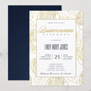 INVITACIÓN LUXE NAVY GOLD ELEGANTE ROSA FLORAL QUINCEANERA