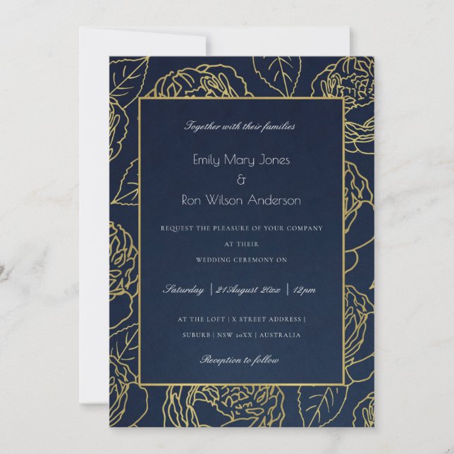 INVITACIÓN LUXE NAVY GOLD KRAFT ELEGANTE ROSA BODA FLORAL (Anverso)