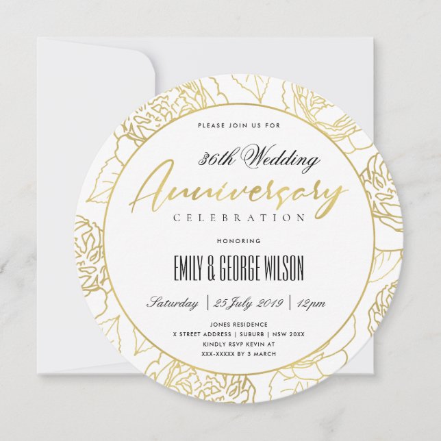 INVITACIÓN LUXE NAVY GOLD ROSA FLORAL CUALQUIER AÑO ANIVERSAR (Anverso)