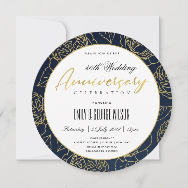 INVITACIÓN LUXE NAVY GOLD ROSA FLORAL CUALQUIER AÑO ANIVERSAR (Anverso)