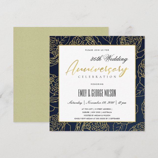 INVITACIÓN LUXE NAVY GOLD ROSA FLORAL CUALQUIER AÑO ANIVERSAR (Anverso / Reverso)