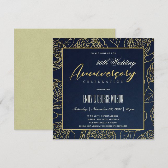 INVITACIÓN LUXE NAVY GOLD ROSA FLORAL CUALQUIER AÑO ANIVERSAR (Anverso / Reverso)