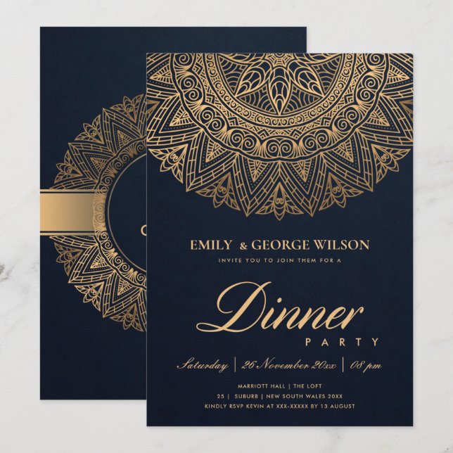 INVITACIÓN LUXE NAVY ORO CLÁSICO ORNADO MANDALA CENA FIESTA (Anverso / Reverso)
