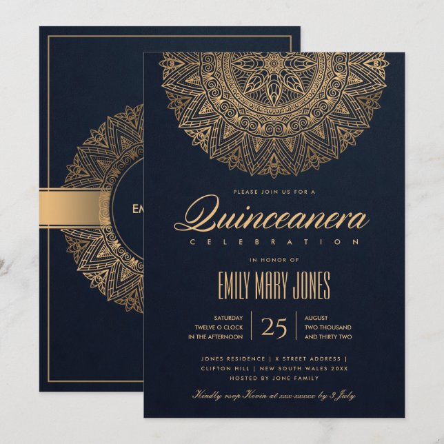 INVITACIÓN LUXE NAVY ORO CLÁSICO ORNADO MANDALA QUINCEANERA (Anverso / Reverso)