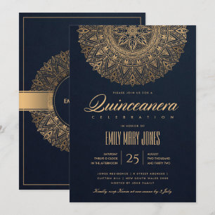 INVITACIÓN LUXE NAVY ORO CLÁSICO ORNADO MANDALA QUINCEANERA