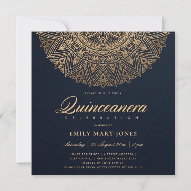 INVITACIÓN LUXE NAVY ORO CLÁSICO ORNADO MANDALA QUINCEANERA (Anverso)