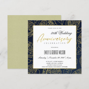 INVITACIÓN LUXE NAVY ORO ROSA FLORAL ANIVERSARIO CUALQUIER AÑ