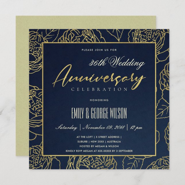 INVITACIÓN LUXE NAVY ORO ROSA FLORAL CUALQUIER AÑO ANIVERSARI (Anverso / Reverso)