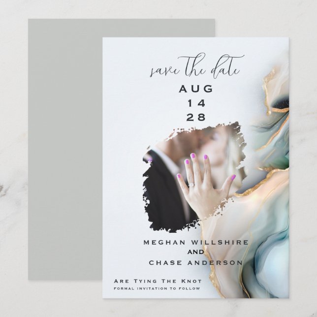 Invitación Luxe Opal Teal Gold Fluid Alcohol Ink (Anverso / Reverso)