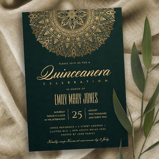 INVITACIÓN LUXE ORNADO CLÁSICO DE ORO VERDE MANDALA QUINCEANE (Subido por el creador)