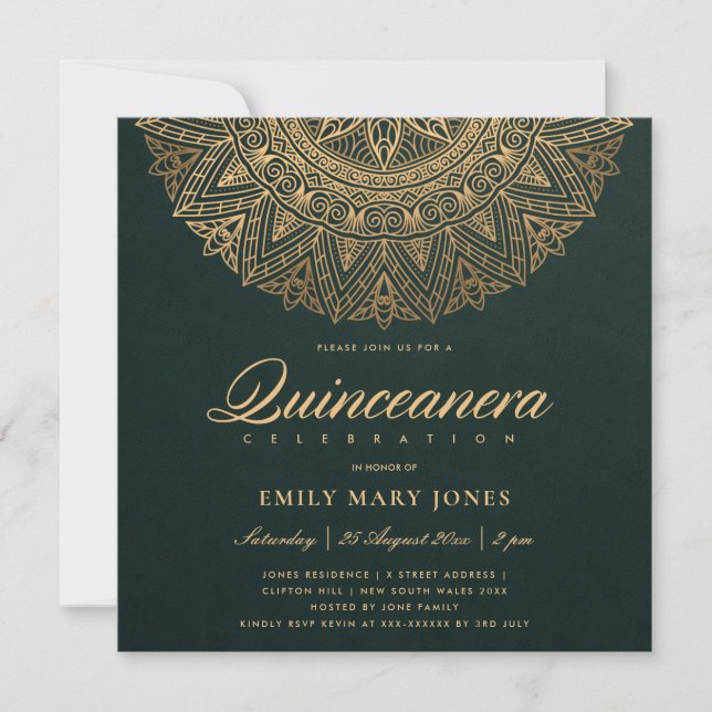 INVITACIÓN LUXE ORNADO CLÁSICO DE ORO VERDE MANDALA QUINCEANE (Anverso)