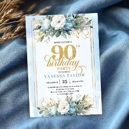 Invitación Luxe pale blue gold detailing 90th birthday invite