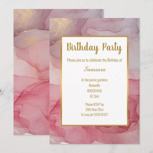 INVITACIÓN LUXE PINK RUBOR MÁRMOL ROSA DE CUMPLEAÑOS INVITACI (Anverso / Reverso)