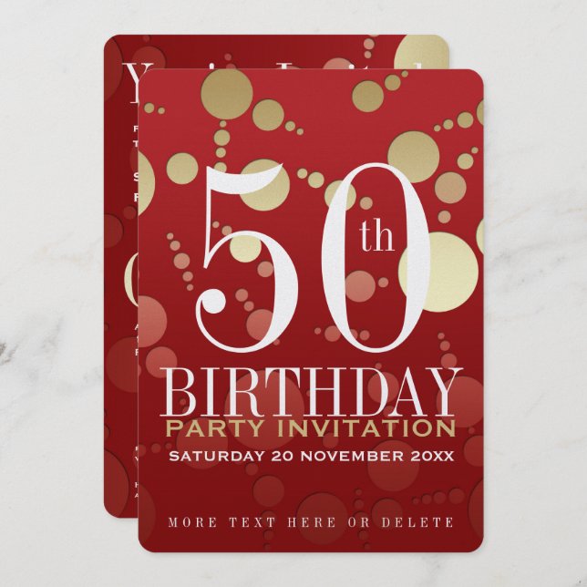 Invitación Luxe Red Gold 50th Birthday Party (Anverso / Reverso)