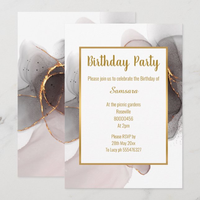 INVITACIÓN LUXE RUBOR BLACK CHIFFON CUMPLEAÑOS (Anverso / Reverso)
