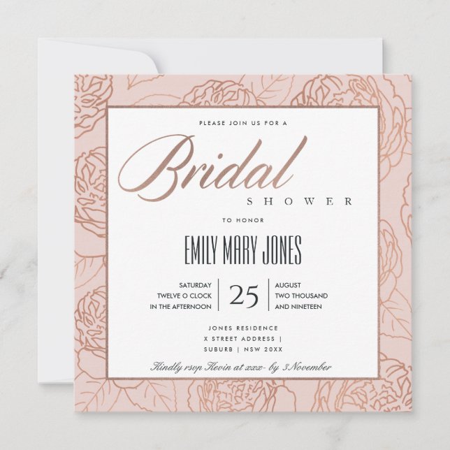 INVITACIÓN LUXE RUBOR PINK ROSE GOLD FLORAL BRIDAL DUCHA (Anverso)
