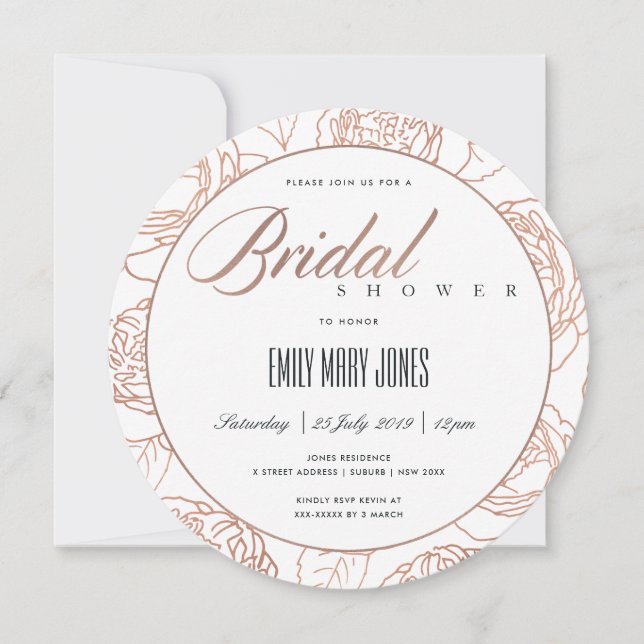INVITACIÓN LUXE RUBOR PINK ROSE GOLD FLORAL BRIDAL DUCHA (Anverso)