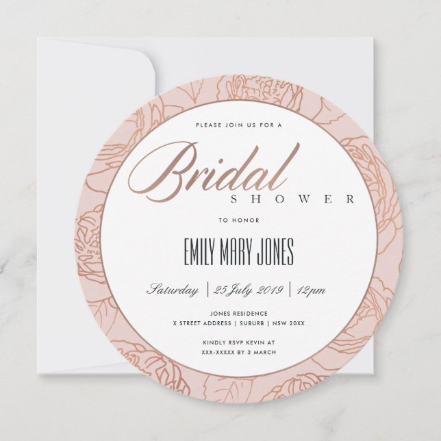 INVITACIÓN LUXE RUBOR PINK ROSE GOLD FLORAL BRIDAL DUCHA (Anverso)
