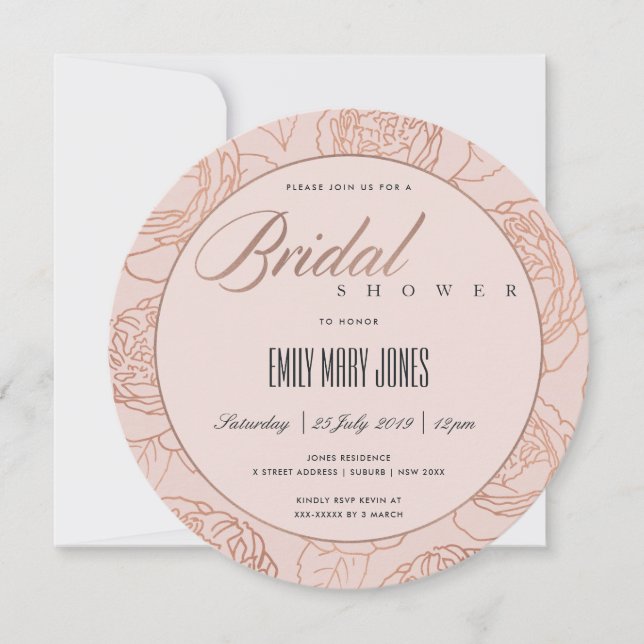 INVITACIÓN LUXE RUBOR PINK ROSE GOLD FLORAL BRIDAL DUCHA (Anverso)
