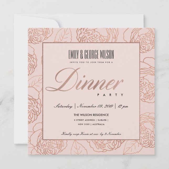 INVITACIÓN LUXE RUBOR PINK ROSE GOLD FLORAL CENA FIESTA (Anverso)