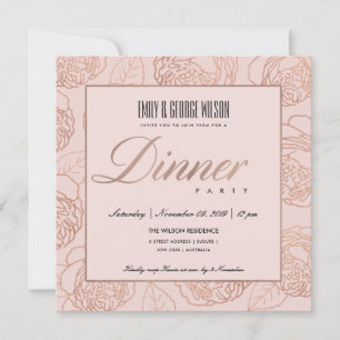 INVITACIÓN LUXE RUBOR PINK ROSE GOLD FLORAL CENA FIESTA
