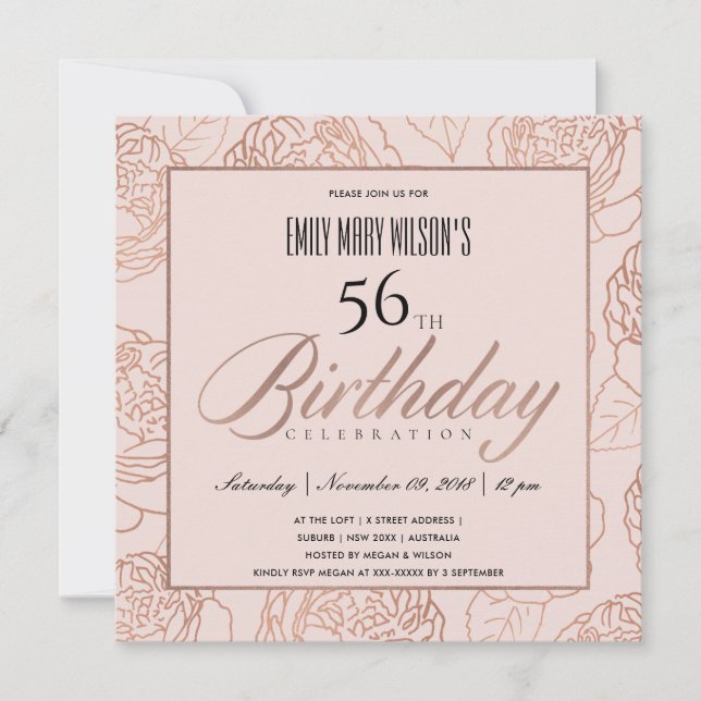INVITACIÓN LUXE RUBOR PINK ROSE GOLD FLORAL CUALQUIER CUMPLEA (Anverso)