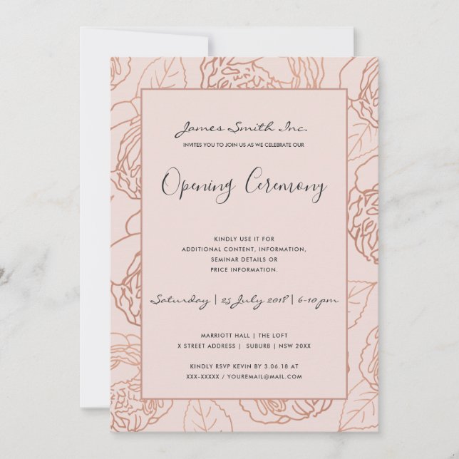 INVITACIÓN LUXE RUBOR PINK ROSE GOLD FLORAL OPENING CEREMONY (Anverso)