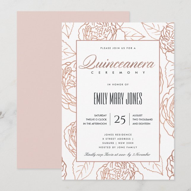 INVITACIÓN LUXE RUBOR PINK ROSE GOLD FLORAL QUINCEANERA (Anverso / Reverso)
