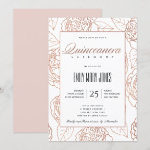 INVITACIÓN LUXE RUBOR PINK ROSE GOLD FLORAL QUINCEANERA