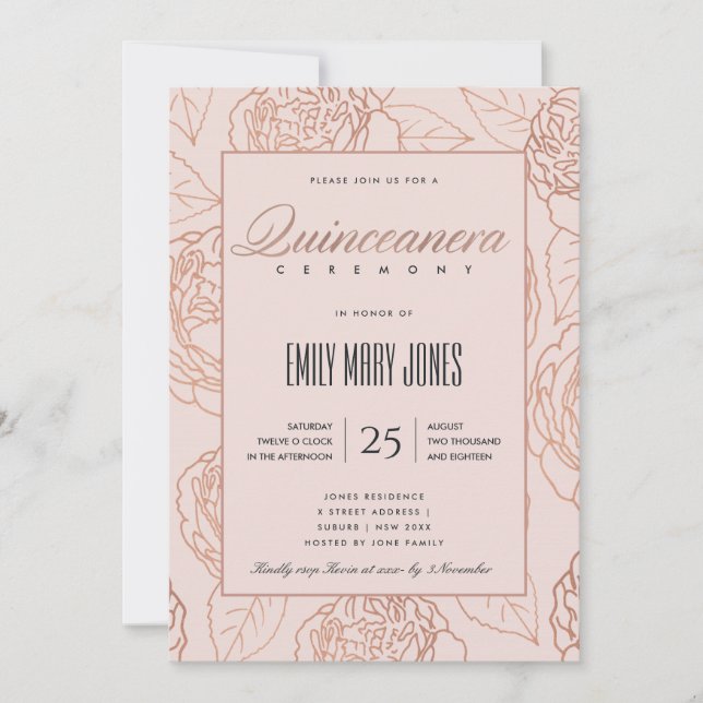 INVITACIÓN LUXE RUBOR PINK ROSE GOLD FLORAL QUINCEANERA (Anverso)