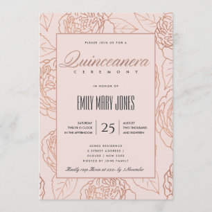 INVITACIÓN LUXE RUBOR PINK ROSE GOLD FLORAL QUINCEANERA