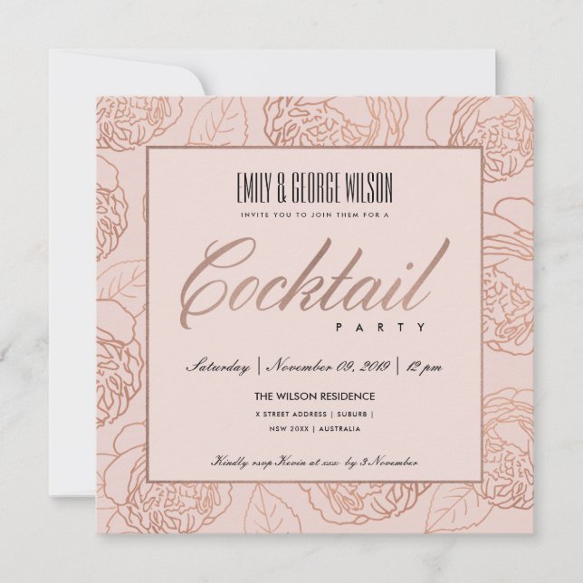 INVITACIÓN LUXE RUBOR ROSA ORO FLORAL FIESTA DE COCTEL (Anverso)