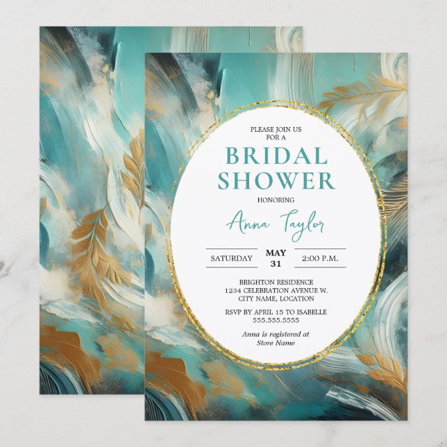 Invitación Luxe Turquoise Gold Brushstroke Bridal Shower (Anverso / Reverso)