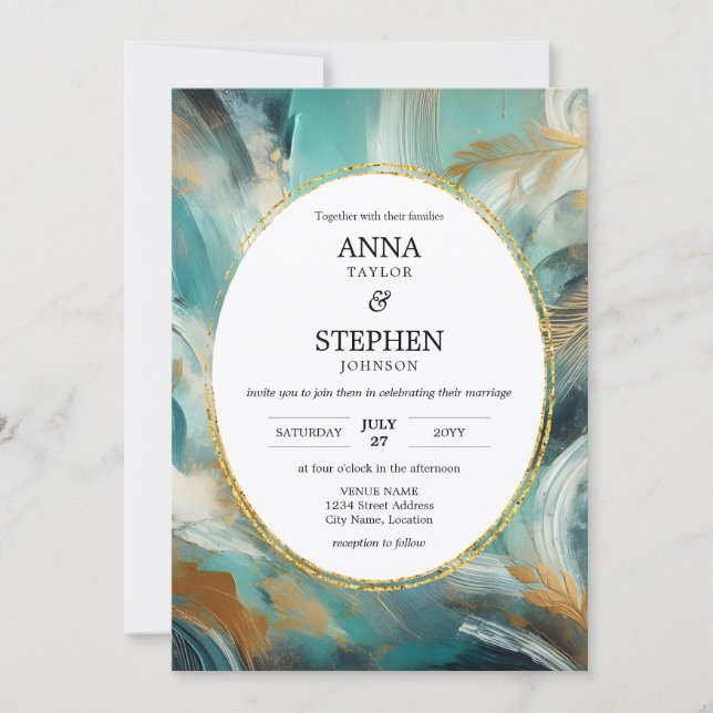 Invitación Luxe Turquoise Gold Brushstroke Wedding (Anverso)