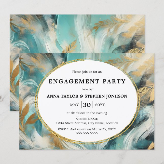 Invitación Luxe Turquoise Gold Brushstrokes Engagement Party (Anverso / Reverso)
