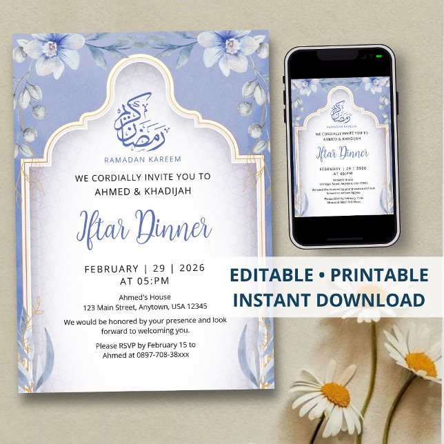 Invitación Luxurious Blue and Gold Floral Iftar Dinner (Subido por el creador)
