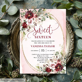 Invitación Luxurious Burgundy Blush Floral Sweet Sixteen Card