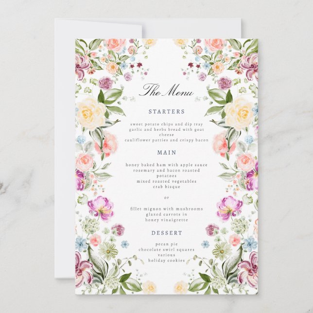 Invitación Luxurious Garden Floral Wedding Menu Card (Anverso)