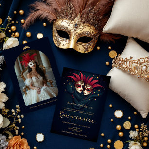 Invitación Luxurious Glam Venetian Mask Quinceañera Party